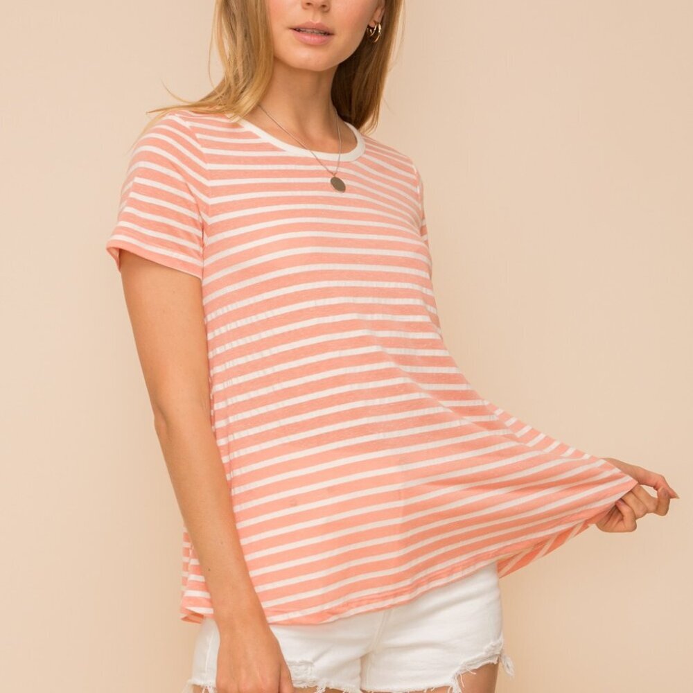 HEM & THREAD Soft Coral & White Striped Tee, Classic Crew Neck Short Sleeve Top